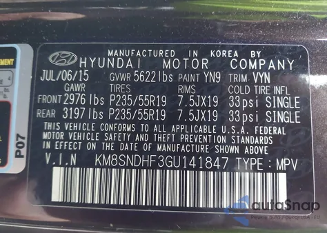 2016 Hyundai Santa Fe Limited from USA, damaged, VIN KM8SNDHF3GU141847